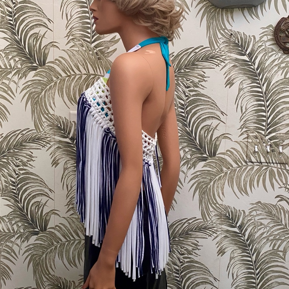 Swim Coverup White and Blue Fringe Crochet Skirt Or Top